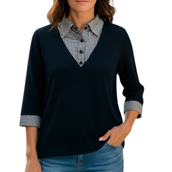 St. John Wool Mixed Media Sweater Tunic Blouse Combo Navy Size P or XS - Picture 1 of 10